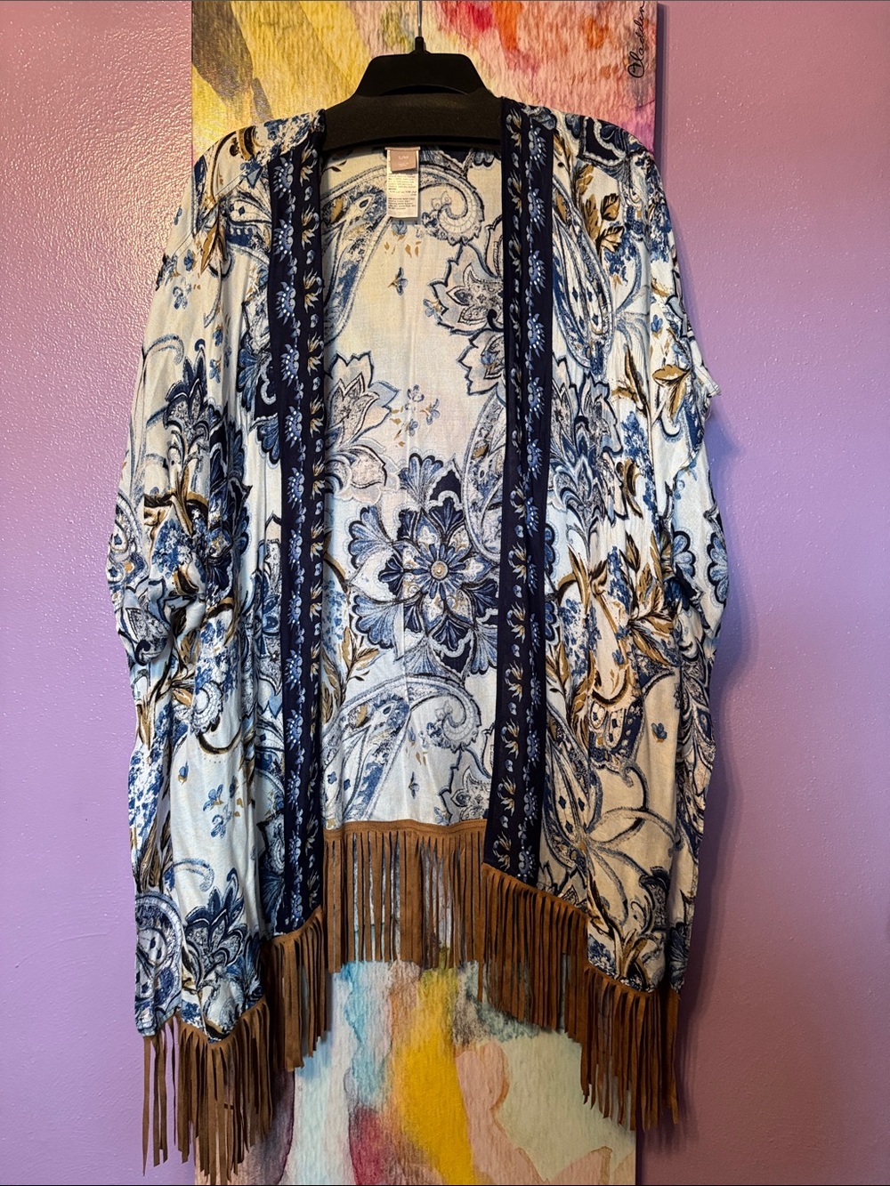 Chico's Blue Paisley Fringe Cardigan with Brown Fringed Trim